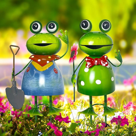 HONGLAND Metal Yard Art Garden Decor for Outside - Cute Frog Outdoor Decor - 3D Spring Frogs Figurine Garden Sculptures & Statues - Gifts for Grandma Mom - 2 Pcs-VerdiqueGarden