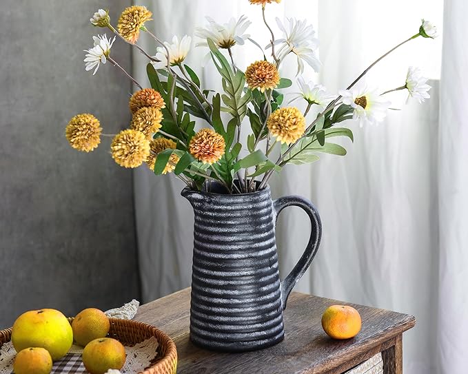 Quoowiit Ceramic Rustic Vase with Handle, Black Distressed Decorative Farmhouse Pitcher Vase for Home Decor Living Room Bedroom Kitchen Office Shelf Decor Centerpiece Table Decoration-VerdiqueGarden
