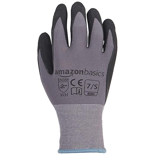 Amazon Basics Micro-Foam Nitrile Coated Work Gloves, Nylon Liner Fiber, Touch Screen, Grey, Size 7/S, 12-Pair-VerdiqueGarden