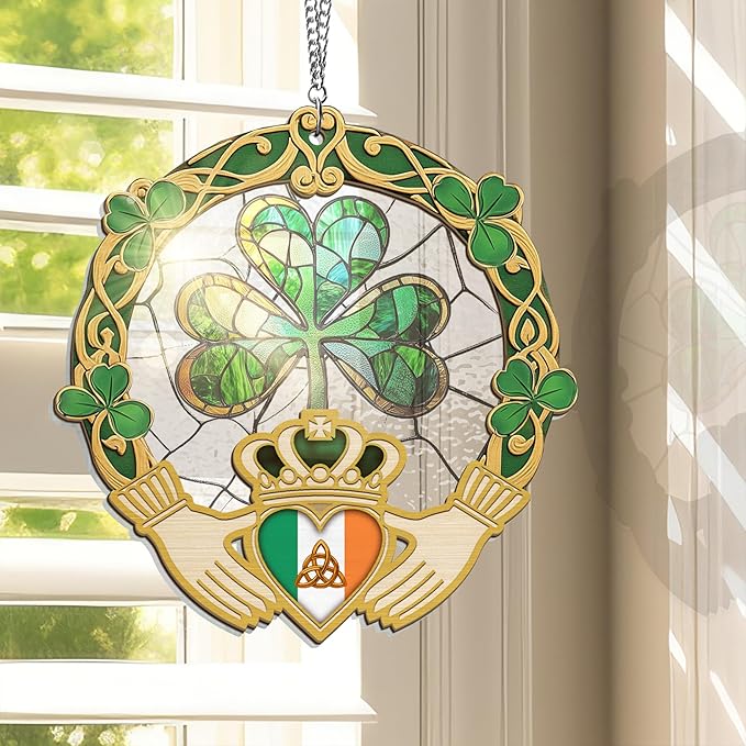 FLAGWIX Irish Gifts for Women, Men - Christmas, Birthday Gifts for Women, St Patricks Day, Shamrock Decorations, Good Luck Gifts, Claddagh, Celtic Home Decor - Window Suncatcher Hanging Decorations-VerdiqueGarden
