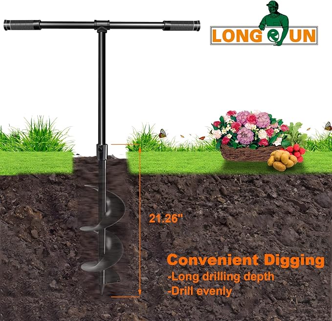 LONGRUN Manual Garden Hole Digging Drill Bit, Hand Drill Auger Post Hole Digger for Planting, Spiral Drill Planter for Bulb, Flower, Tree, Seedlings, Bedding Plants, Umbrella, Fence Holes-6"x 38"-VerdiqueGarden