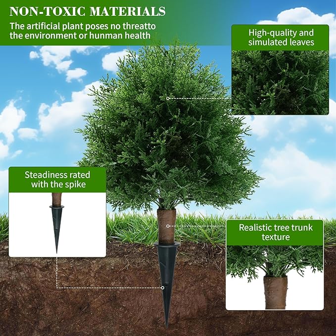 Artificial Cedar Topiary Ball Trees with Ground Spike, 20" UV Resistant Artificial Shrubs, Fake Evergreen Artificial Plant Brush for Indoor Outdoor Front Porch Garden, 1 Pack-VerdiqueGarden