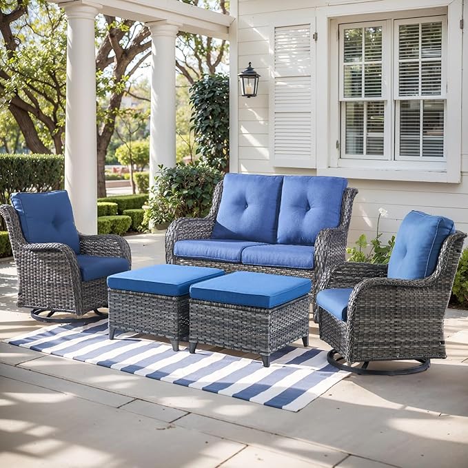 Outdoor Wicker Patio Furniture Set - 5 Piece Rattan Patio Conversation Set with 2 Rocking Swivel Chairs,2 Ottomans and 1 Loveseat for Porch Deck Backyard Garden(Mixed Grey/Blue)-VerdiqueGarden