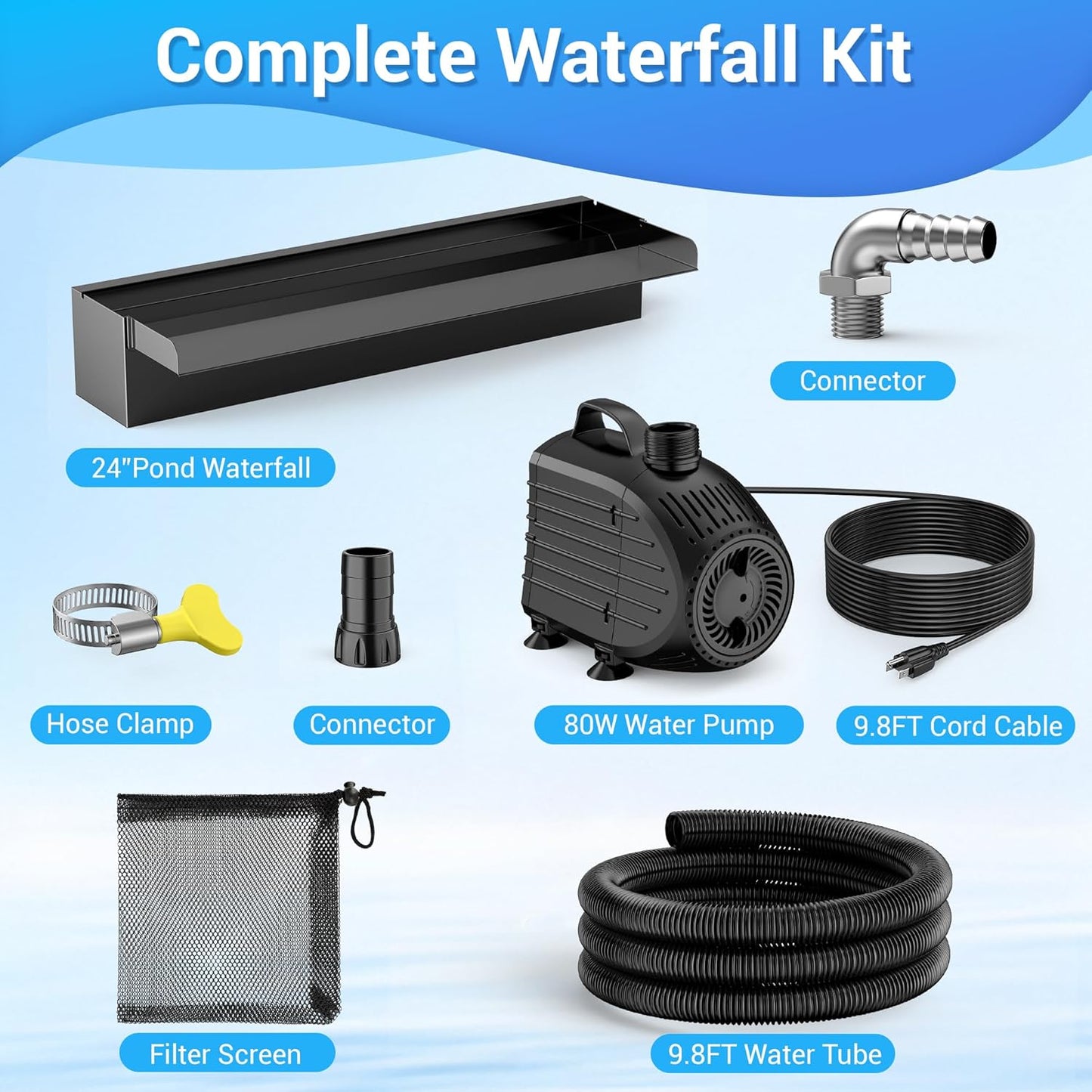NFESOLAR Pond Waterfall Spillway Kit, Includes 23.6" W Stainless Pond Waterfall Box, 1200 GPH Water Pump, 10FT Corrugated Tubing for Outdoor Ponds Pool Streams up to 3000 Gallons N4611-VerdiqueGarden