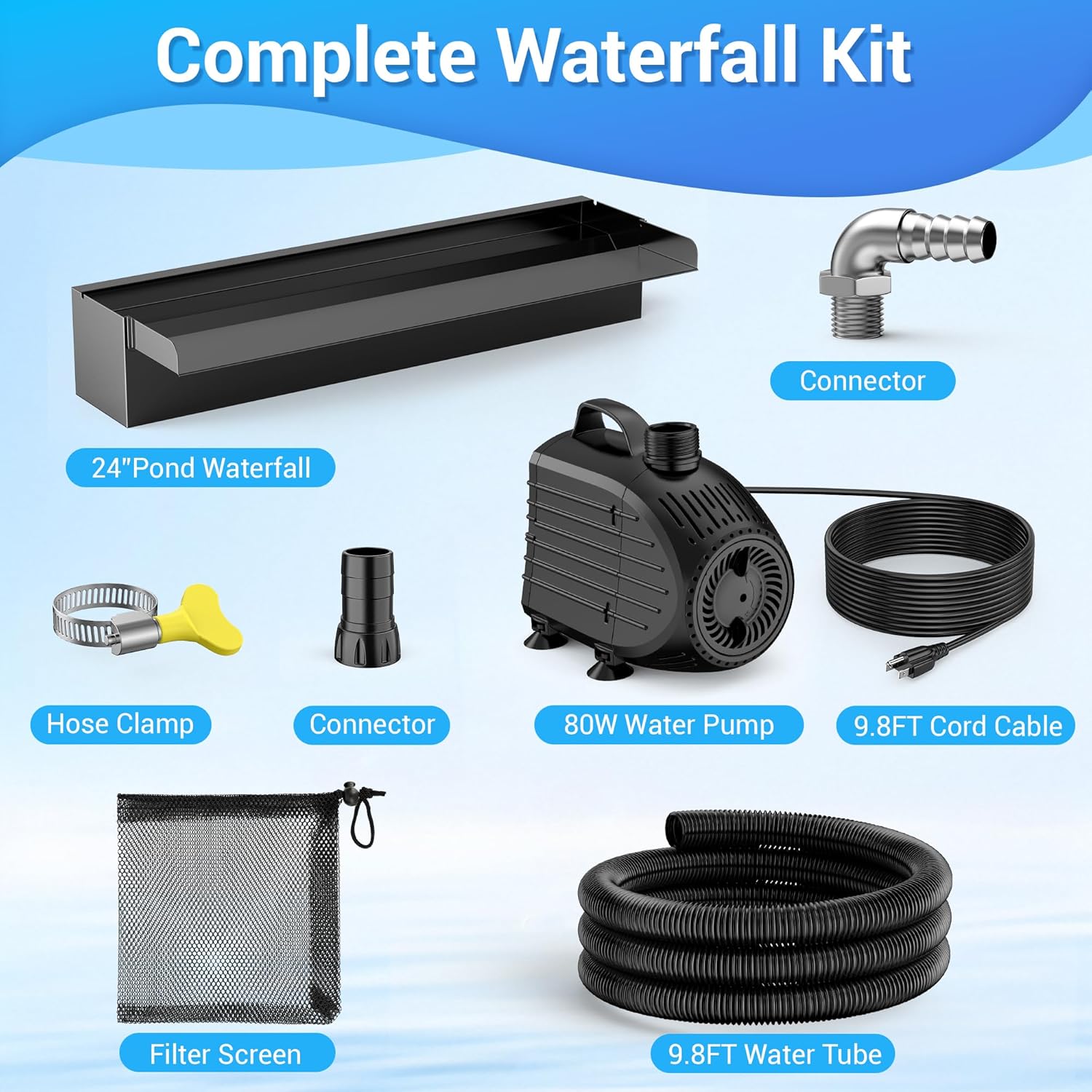 NFESOLAR Pond Waterfall Spillway Kit, Includes 23.6" W Stainless Pond Waterfall Box, 1200 GPH Water Pump, 10FT Corrugated Tubing for Outdoor Ponds Pool Streams up to 3000 Gallons N4611-VerdiqueGarden