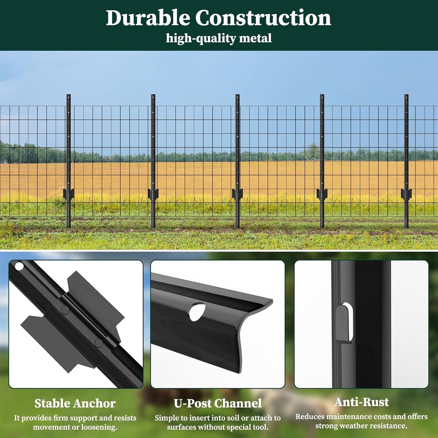 10 Pack Garden Fence Post, 5 Feet Heavy Duty Metal U-Post for Wire Fence, No Dig Garden Fence Stakes for Temporary Fencing, Electric Fence Wire, Corner Anchor, and More-Black-VerdiqueGarden