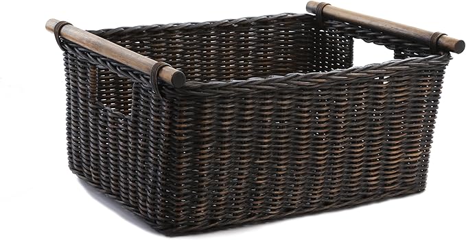 The Basket Lady Pole Handle Wicker Storage Basket, Extra Large, 20 in L x 16 in W x 10 in H, Antique Walnut Brown-VerdiqueGarden