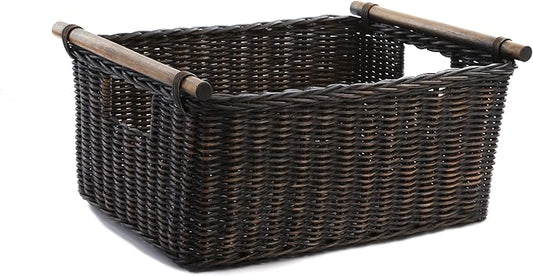 The Basket Lady Pole Handle Wicker Storage Basket, Extra Large, 20 in L x 16 in W x 10 in H, Antique Walnut Brown-VerdiqueGarden