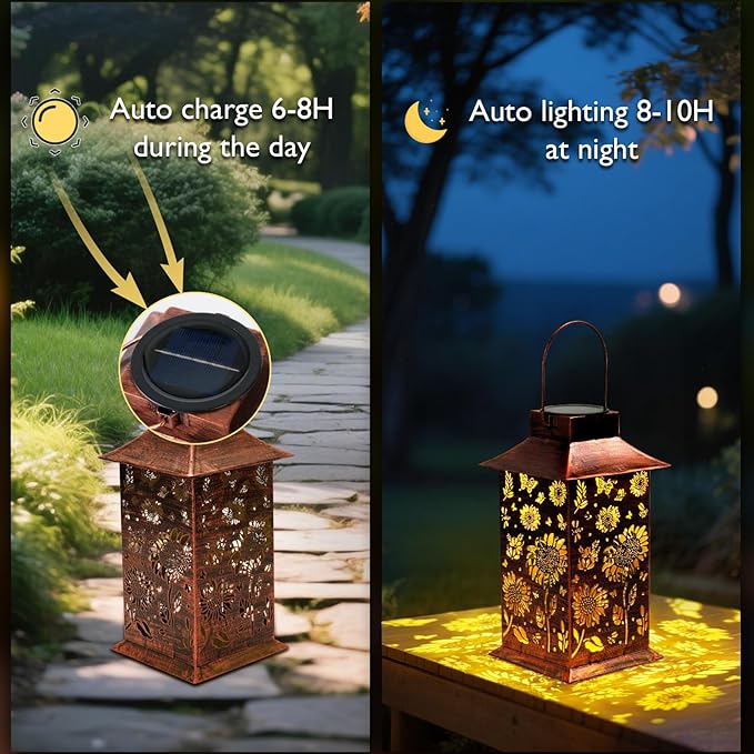 Homemory Sunflower Solar Lanterns Waterproof, Metal Hanging Hollowed-Out Metal Decor Lantern, LED Outdoor Decoration for Outside LED Lanternse for Yard, Backyard, Porch, Lawn-VerdiqueGarden