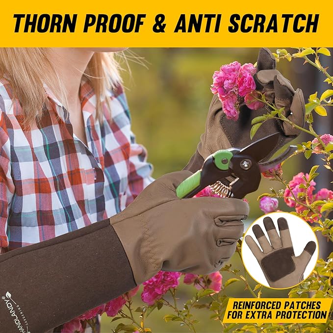 HANDLANDY Long Gardening Gloves for Men & Women, Cowhide Leather Rose Pruning Gloves- Breathable & Durable Gauntlet Glove (Medium, Brown)-VerdiqueGarden