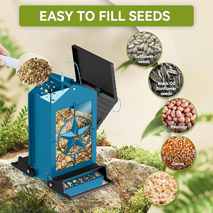 Squirrel Proof Bird Feeder for Outdoors Hanging, Metal Wild Bird Seed Feeder with Bilateral Weight-Activated Perches, 5LB Large Capacity Wild Bird Feeders for Outside Finch, Cardinal, Blue Jay-VerdiqueGarden