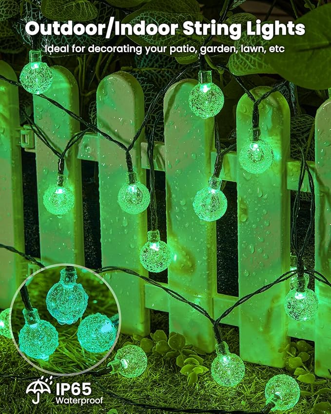 Brightown Solar String Lights Outdoor 60 Led 35.6 Feet Crystal Globe Lights with 8 Lighting Modes, Waterproof Solar Powered Patio Lights for Garden Yard Porch Wedding Party Decor (Green)-VerdiqueGarden