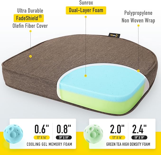 SUNROX Gel Memory Foam Chair Cushions, FadeShield Water-, Stain-Resistant Durable Reversible Seat Cushion Pads with Ties for Indoor/Outdoor Kitchen Dining Office, 19"x19", Set of 2, Heather Chestnut-VerdiqueGarden