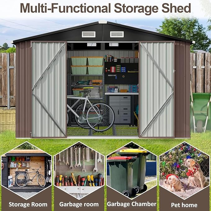 Aoxun 9.4x7.3x6.5 FT Outdoor Storage Shed, Garbage Can, Outdoor Metal Shed for Tool, Garden, Bike, Placed in Patio, Garden Brown Base Included-VerdiqueGarden