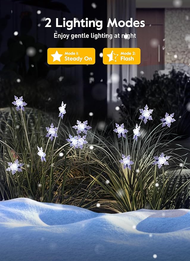Brightown Christmas Pathway Lights - 4 Pack 48 LED Snowflake Outdoor Lights With 2 Modes, Waterproof Solar Firefly Decoration for Yard, Cool White-VerdiqueGarden