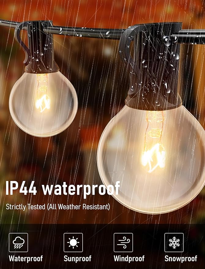 100FT String Lights, G40 Outdoor String Lights Edison Light Bulbs Clear Globe Lights for Backyard Patio Lights Indoor/Outdoor Commercial Decoration -5 Watt/120 Voltage/E12 Base -Black Wire-VerdiqueGarden