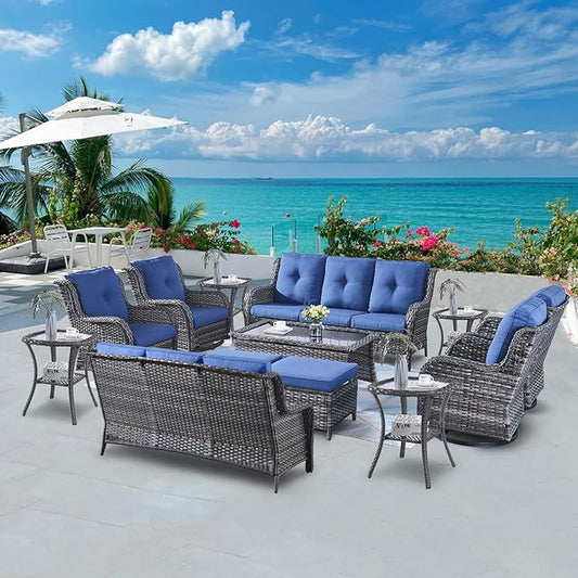 Wicker Patio Furniture Sets - 13 Piece Outdoor Rattan Furniture Conversation Sets with 4 Swivel Rocker Chairs, 2 Rattan Sofas, Wicker Ottomans and Coffee Table, Mixed Grey/Blue-VerdiqueGarden