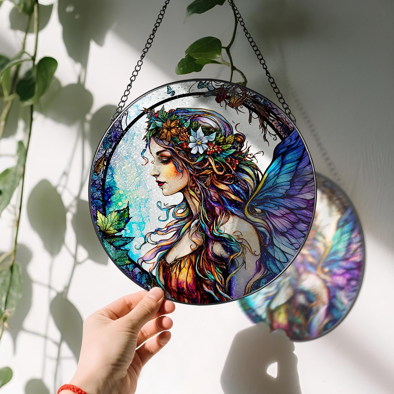Stained Glass Window Hanging, LAOWEIKI 8'' Fairy Suncatcher, Stained Glass Ornament, Suncatchers for Windows Hanging, Window Decor, Outdoor or Indoor, Gifts for Women, Bestie, Friends-VerdiqueGarden
