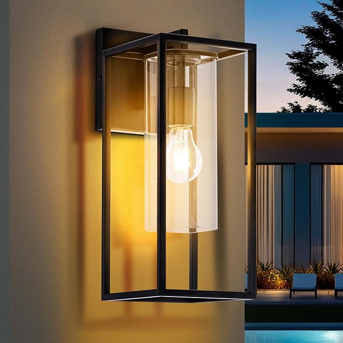 15.7 Inch Outdoor Wall Lights, Black Outdoor Wall Lantern with Square Clear Glass Shade, Waterproof Exterior Lighting Fixtures, Modern Front Porch Lighting for House, Garage, E26 Base, ETL Listed-VerdiqueGarden