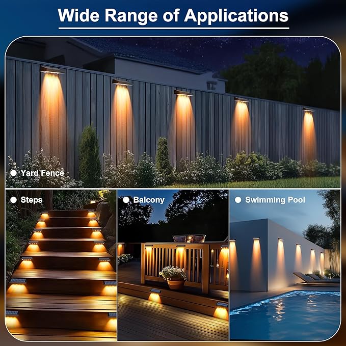 Solar Fence Lights Outdoor Waterproof IP65, 8 Pack Fence Lights Solar Powered 60 Lumens Auto On/Off Step Wall Lights Outside Decorations for Yard, Porch, Patio, Stairs, Pool, Deck, Garden- Warm Light-VerdiqueGarden