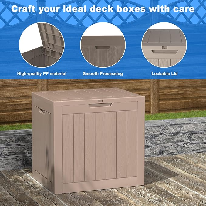 30 Gallon Outdoor Deck Box,Storage Lockable Waterproof Patio Furniture,Garden Tools,Cushions,Pool Accessories Outside Storage Resin Box(Grey)-VerdiqueGarden