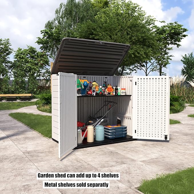 Resin Outdoor Storage Shed, 38 cu.ft Outdoor Storage Box Waterproof for Garden Tools, Patio Furniture, Trash Cans, Garage Storage, Customized Shelves & Lockable (Off White)-VerdiqueGarden