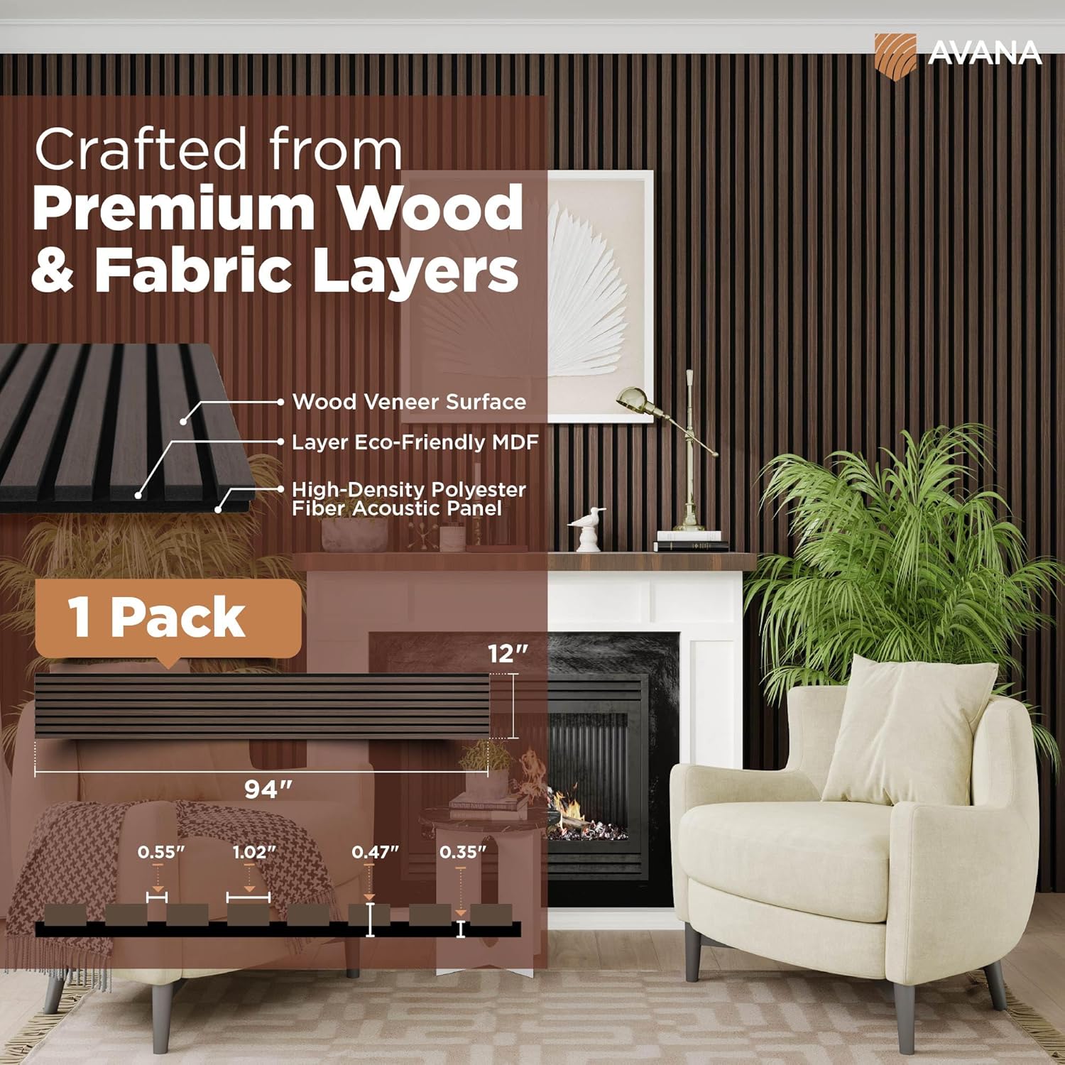 Avana Modern Acoustic Wood Wall Panels – 94.4x12.6 Inch Dark Walnut Acoustic Panels 1 PC – Wall Panels For Interior Wall Decor For Homes, Offices, Studios – Sturdy And Durable Wood Panels For Wall-VerdiqueGarden