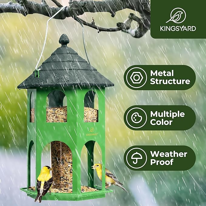 Kingsyard Metal Bird Feeder for Outdoor Hanging, Wild Bird Feeders with Circular Perch, Easy to Clean & Refill, 4 lbs Large Seed Capacity, Green-VerdiqueGarden