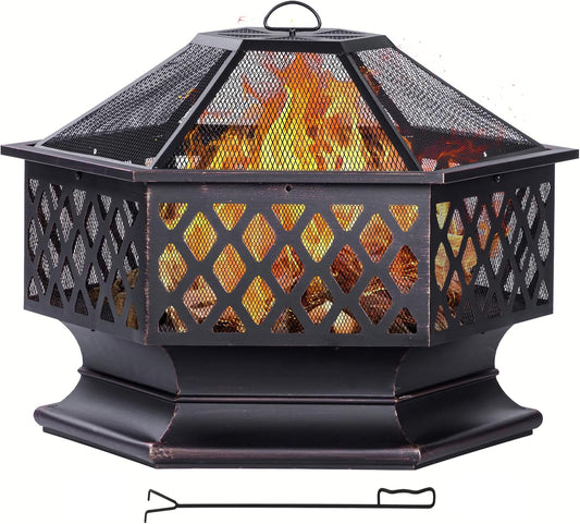 33 Inch Outdoor Fire Pit, Hexagon Shaped Wood Burning Firepit for Outside Bonfire, Patio, Backyard and Camping (Antique Bronze)-VerdiqueGarden