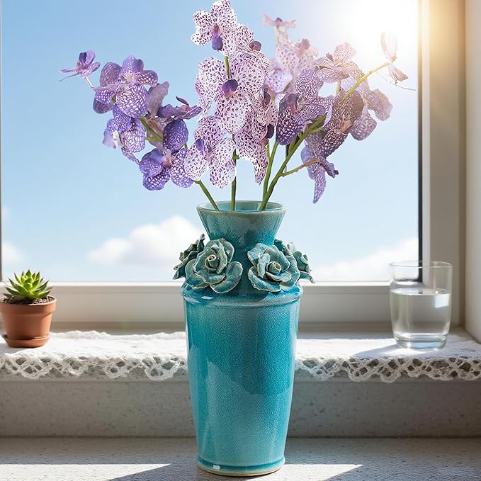 Handmade 3D Ceramic Flower Blue Bud Vase for Centerpieces, Decorative Blue Flower Vases for Wedding Reception, Home Decor, Living Room, Cottage Core Decor, Jarrones Decorativos para Sala 8.7 Inch-VerdiqueGarden