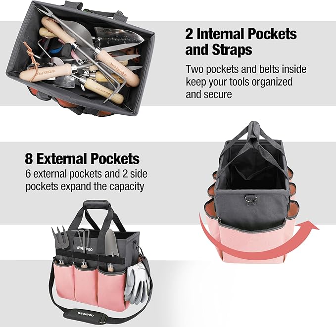 WORKPRO Garden Tool Bag, Heavy Duty Gardening Tote Bag Organizer with 10 Pockets and Long Adjustable Shoulder Strap, Standable Garden Home Tool Kits Organizer, Pink-VerdiqueGarden