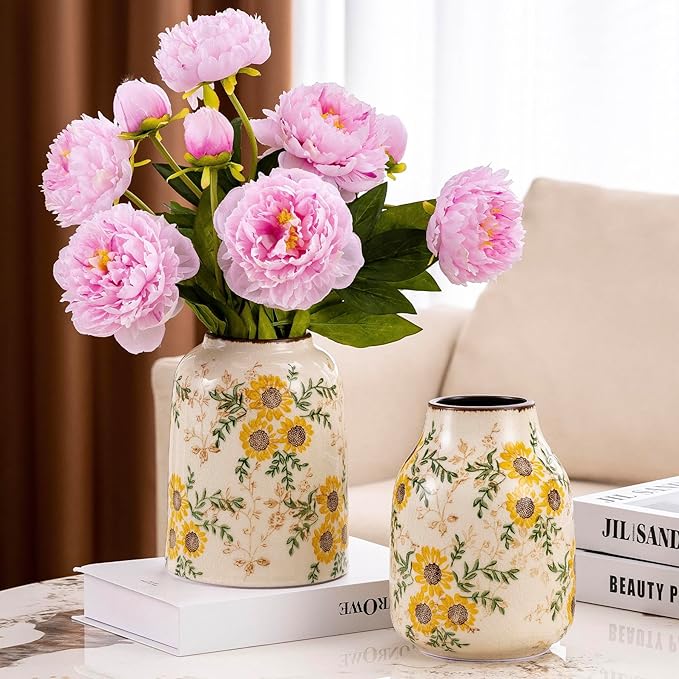 Sunflower Green and Beige Vase, Yellow Ceramic Vintage Vase Cottage Core Home Decor, Cute Floral Centerpiece Vases for Living Room, Bedroom, Kitchen, Table Grand Millennial Decors, Tuscan Decor 7.8In-VerdiqueGarden