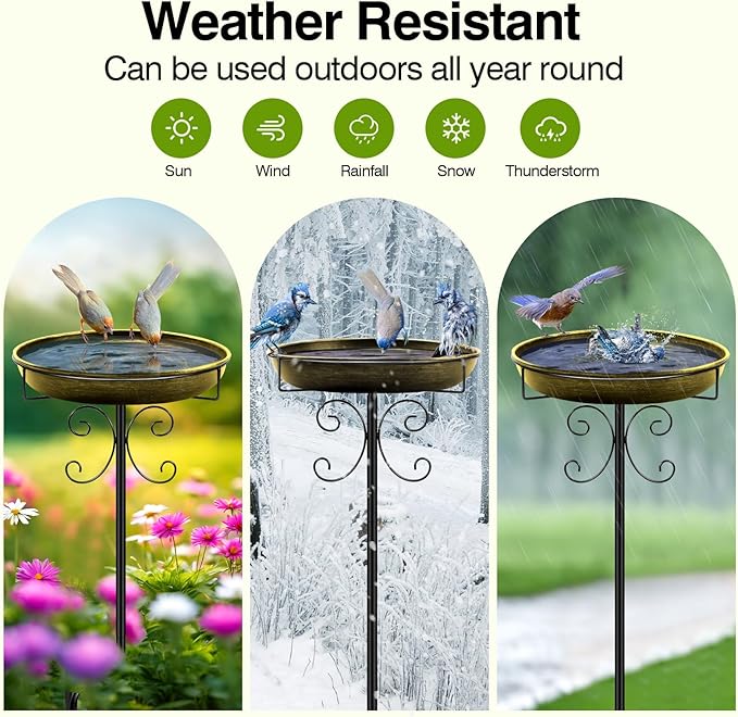 Daoeny 35In Metal Bird Bath for Outside, Vintage Bird Bath Bowl, Detachable Birdbath & Birdfeeder with 5 Prongs Base Stake, Bird Baths for Outdoors Garden Yard Lawn Decor (Antique Golden)-VerdiqueGarden