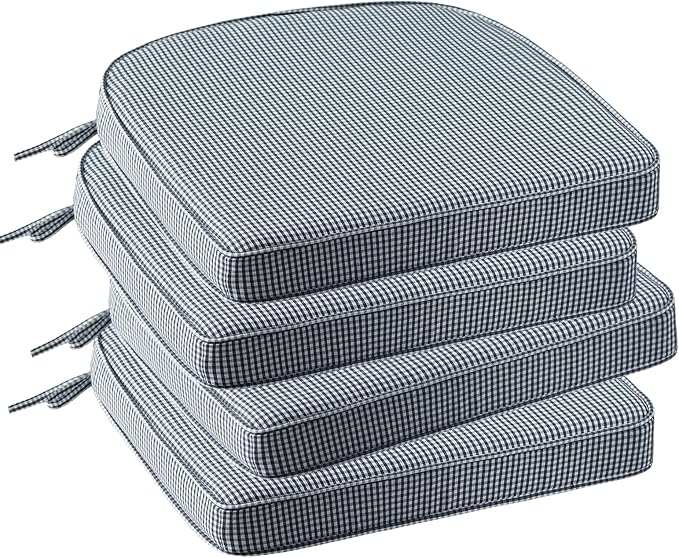 Outdoor Round Corner Seat Cushion, 17"x16"x2", Set of 4, Non Slip Seat Cushion Pads with Removable Cover for Patio Furniture, Garden Yard Lawn, Black White Mini Check-VerdiqueGarden