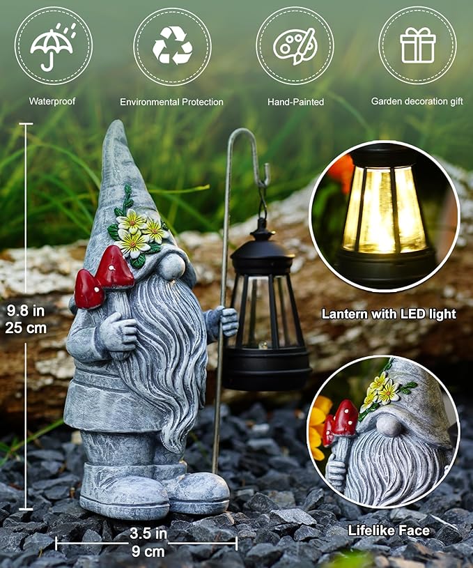 Solar Gnome Statue for Outdoor Decor: Outside Garden Sculpture for Yard Lawn Balcony Patio Porch- Birthday Gifts for Mom Women Grandma-VerdiqueGarden