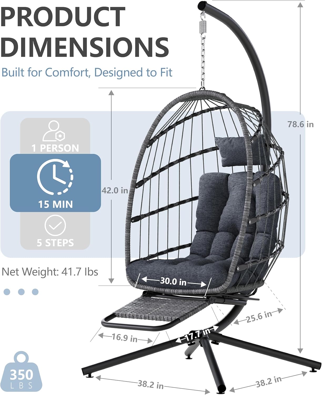 SWITTE Egg Chair Outdoor with Footrest & Stand, Indoor Wicker Hanging Egg Swing Chair with Cushion for Patio, Bedroom, Garden - Dark Gray-VerdiqueGarden