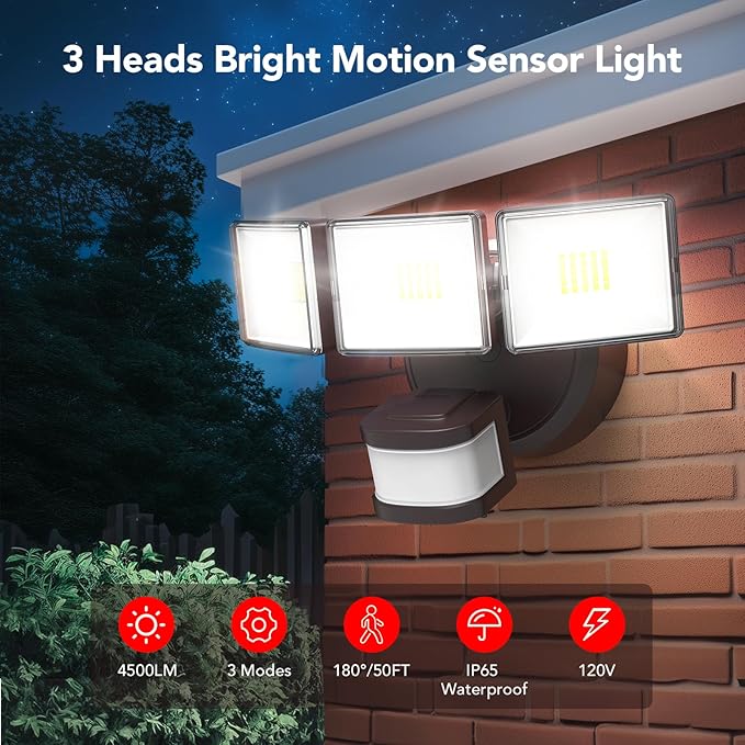 OREiN 4500LM/35W Flood Lights Outdoor, 180°/40FT Motion Sensor Outdoor Lights Dusk to Dawn Security Lights IP65 Waterproof 3 Modes for Outside 4500SQ.FT Front Door, Garage, Bronze (Hardwired)-VerdiqueGarden