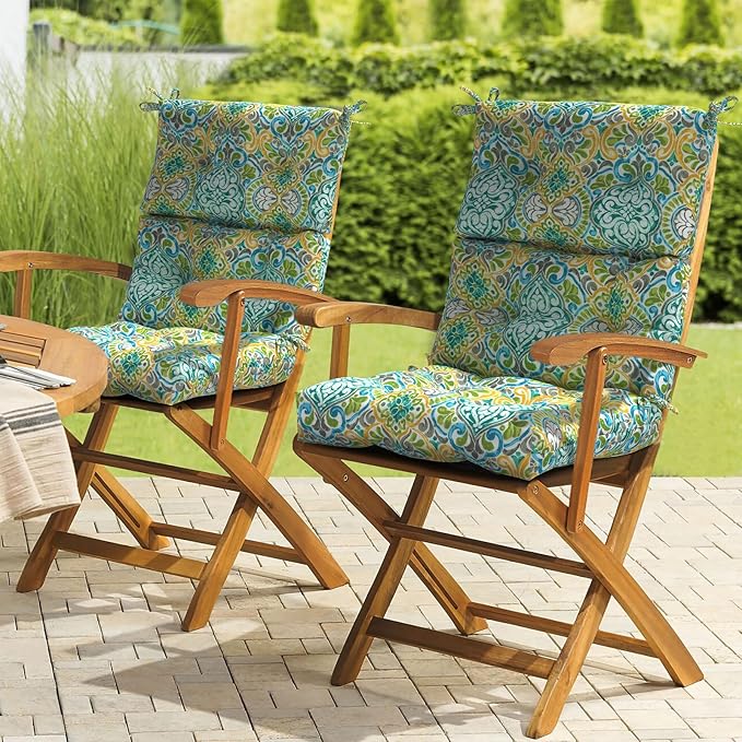 LVTXIII Outdoor Seat/Back Chair Cushion Patio Tufted High Back Cushion, Seasonal Replacement Rocking Chair Cushion with Ties (22” W x 20D”, Set of 2, Damask Green)-VerdiqueGarden