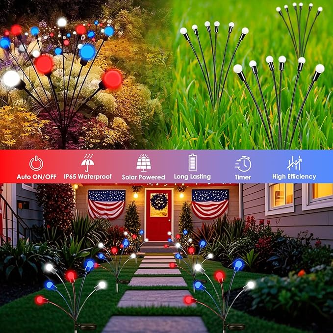 OZS 4pack Solar American Flag Lights - 4th of July Solar Garden Outdoor Waterproof Firefly Light for Memory Day, Independence Day, National Day Decoration (Red White Blue)-VerdiqueGarden