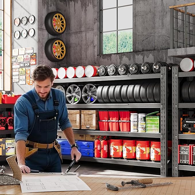 3000LBS Metal Storage Shelves, 48” W Heavy Duty Garage Shelving Units, 4 Tier Storage rack shelf, Steel Industrial Shelving , Adjustable Standing Shelf for Basement/Warehouse 48"W x 24"D x 70"H, Black-VerdiqueGarden