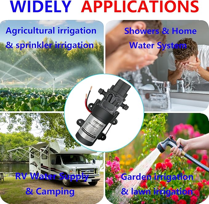 DC 12V Diaphragm Pump, Self-Priming Sprayer Pump, 1.2 GPM 87 PSI Pressure Switch Adjustable water pump, With 2 hose clamps, for RV Camping Shower Garden Irrigation-VerdiqueGarden