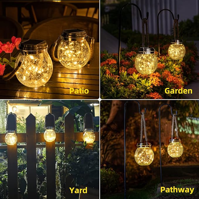 ROSHWEY Solar Lantern, 2 Pack Garden Decor Lights Waterproof Outdoor Lanterns with 30 LED Solar Lights Patio Hanging Lights for Backyard Fence Pathway Porch Christmas Decorative, Warm White-VerdiqueGarden