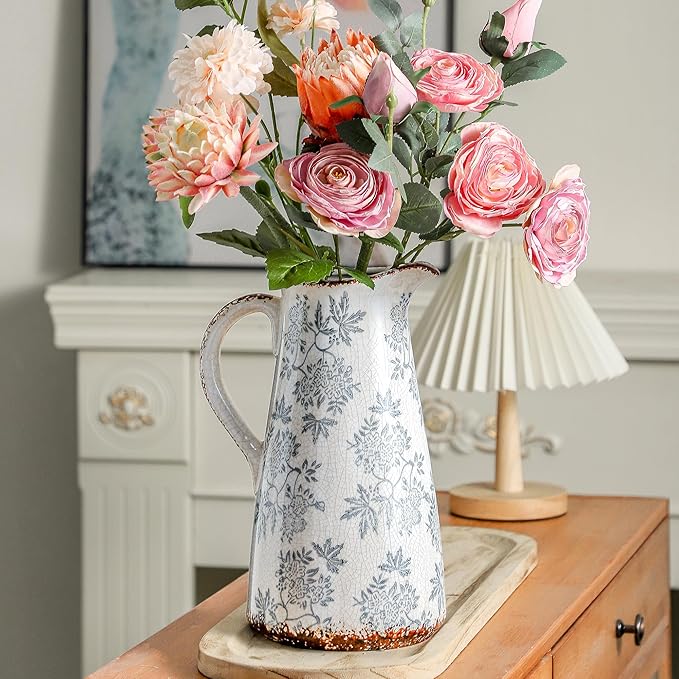 Enra Blue and White vase with Handle,12.2 inch Ceramic Vintage Decorative Flower Pitcher vase, Chinoiserie Floral Vase,Large Rustic Vases for Home Decors, Living Room, Bookshelf, Office-VerdiqueGarden