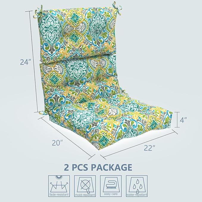 LVTXIII Outdoor Seat/Back Chair Cushion Patio Tufted High Back Cushion, Seasonal Replacement Rocking Chair Cushion with Ties (22” W x 20D”, Set of 2, Damask Green)-VerdiqueGarden