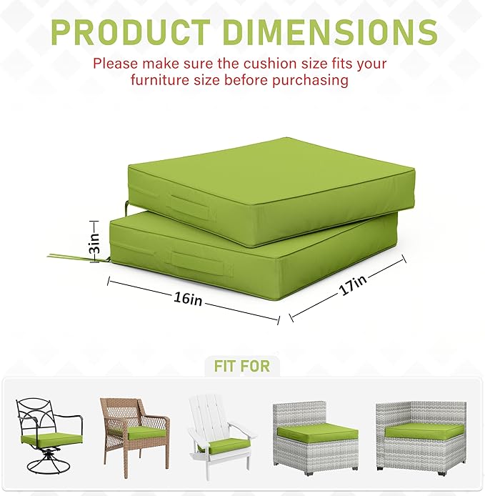 Patio Chair Cushions 17 X 16 X 3 Inch Waterproof Outdoor Seat Cushions for Patio Furniture, Outdoor Sofa Couch Pads with Ties & Handle, Set of 2, Grass Green-VerdiqueGarden