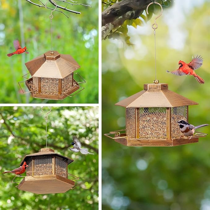 Metal Bird Feeder for Outdoor Hanging, 4.6LB Large Capacity, Garden Decoration - Attracts Wild Birds, Durable Outdoor Bird Feeding Station for Garden Yard Outside Backyard (Extra Large Gold)-VerdiqueGarden