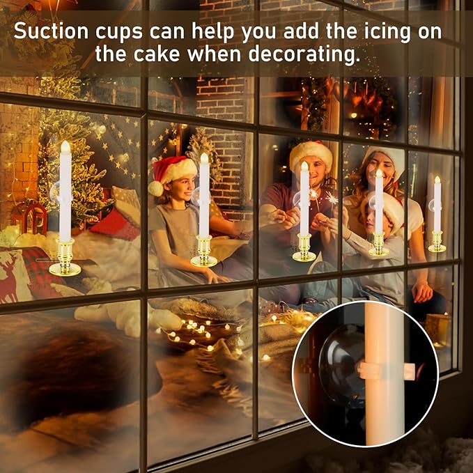 12 Pack Christmas Window Candles, Battery Operated Window Candles with Timer Remote, Candle Holder Suction Cup for Christmas Decorations, Gold-VerdiqueGarden