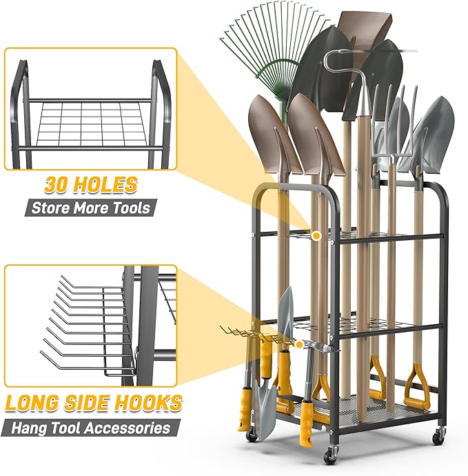 Ultrawall Garden Tool Organizer Stand, Yard Tool Storage Rack with Lockable Wheels, Garage Tool Storage for Rake, Brooms, Indoor & Outdoor Use-VerdiqueGarden