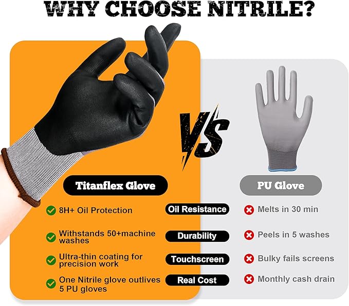 TitanFlex Work Gloves Microfoam Nitrile Coated Men Women, Safety Warehouse Gloves with Grip, Touchscreen, Seamless Knit Nylon-VerdiqueGarden