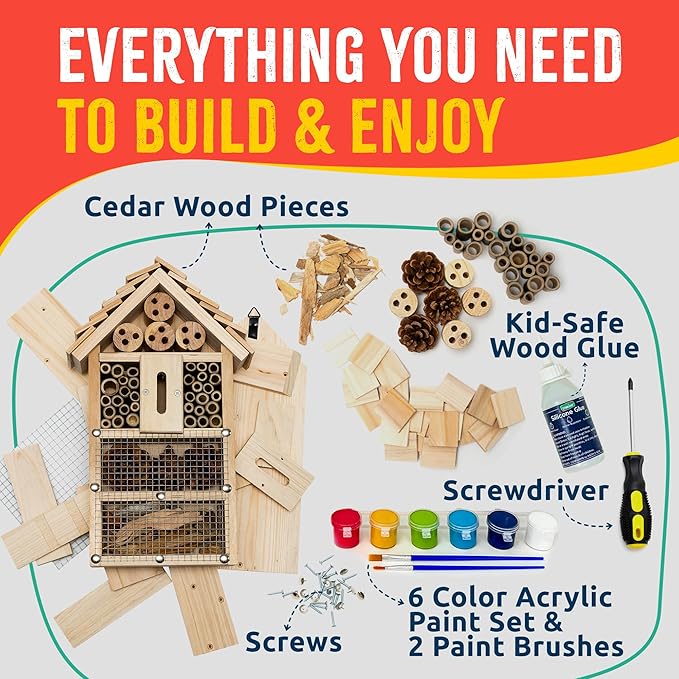 Premium Bug Hotel Kit, DIY Cedar Wood Craft for Building Bee, Ladybug, or Butterfly Houses, Educational Kit for Kids, Parents and Teachers-VerdiqueGarden